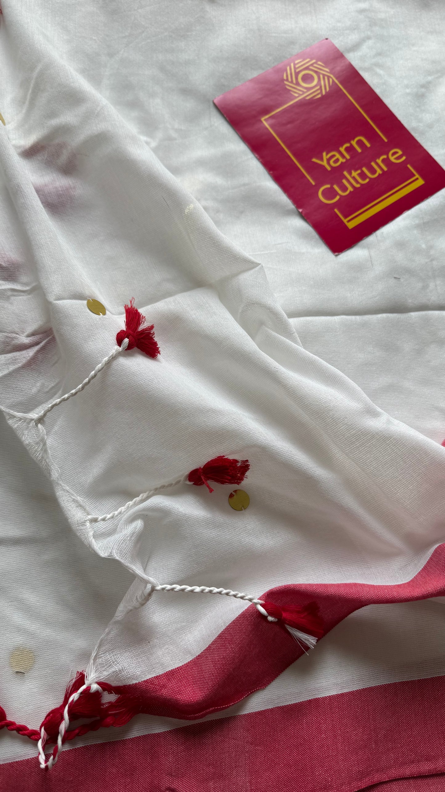 White with red border, gini sequins, soft cotton - YCBCDP06
