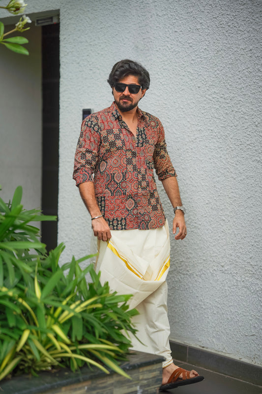 Black Red & White Ajrakh Block Printed Cotton Men's Full Sleeve Collared Shirt -YCMSEIE203