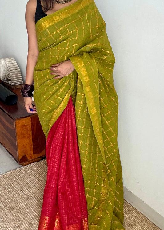 Green with chilli red checks, sungudi cotton half-half saree - YCCOTNIDMA282