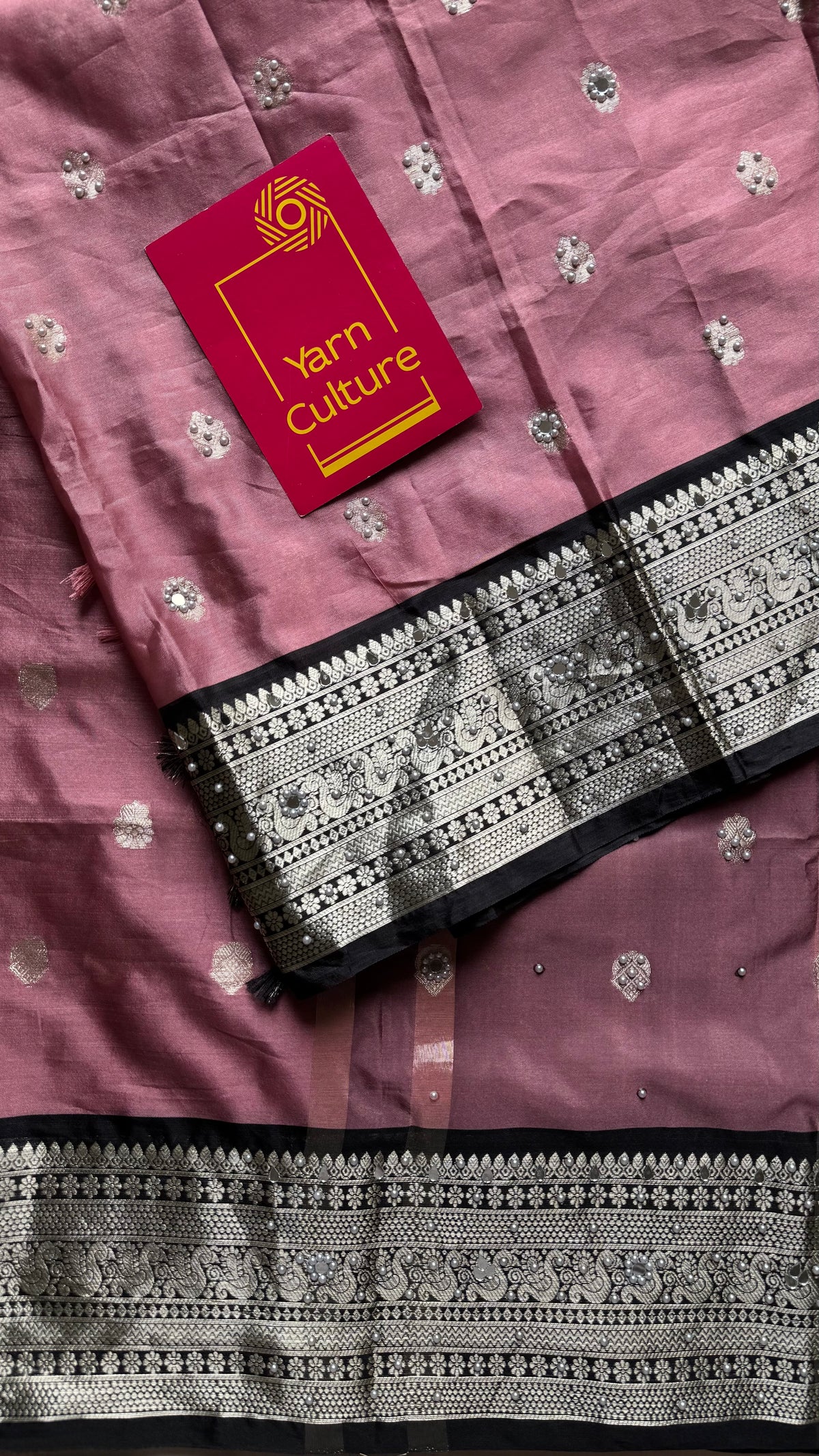 Dusty pink with black silver zari Banarasi semi-katan silk saree with pearl embellishments - YCBLTOC92