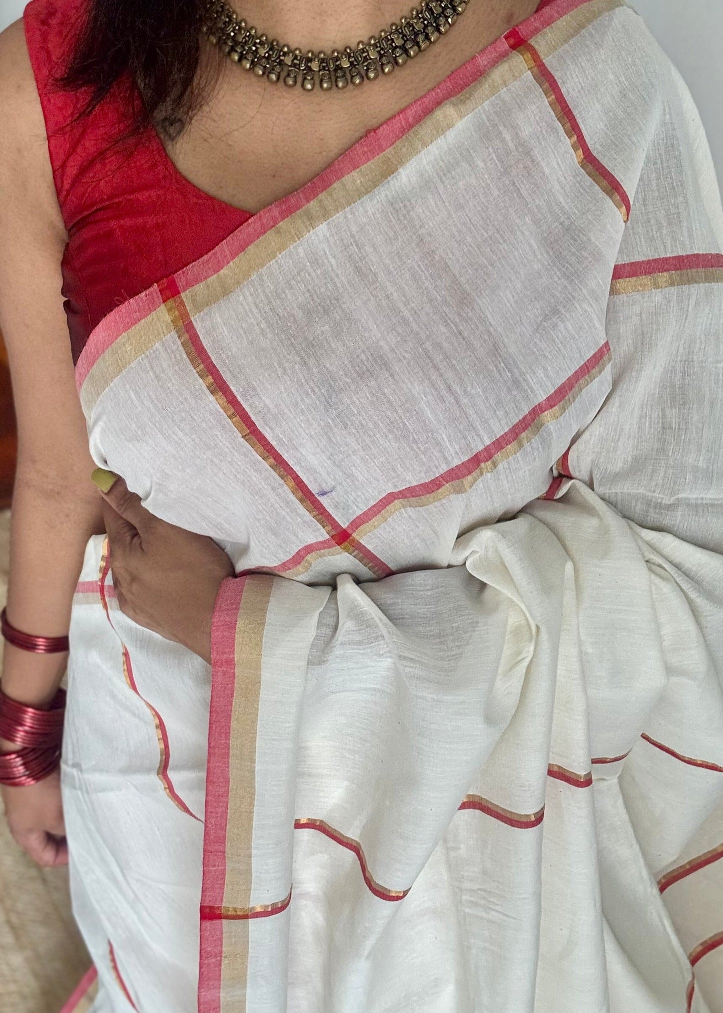 Cream with red and gold stripes, soft cotton silk - YCBCDP16
