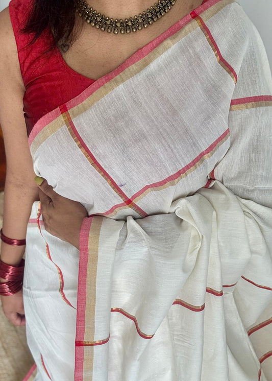 Cream with red and gold stripes, soft cotton silk - YCBCDP16