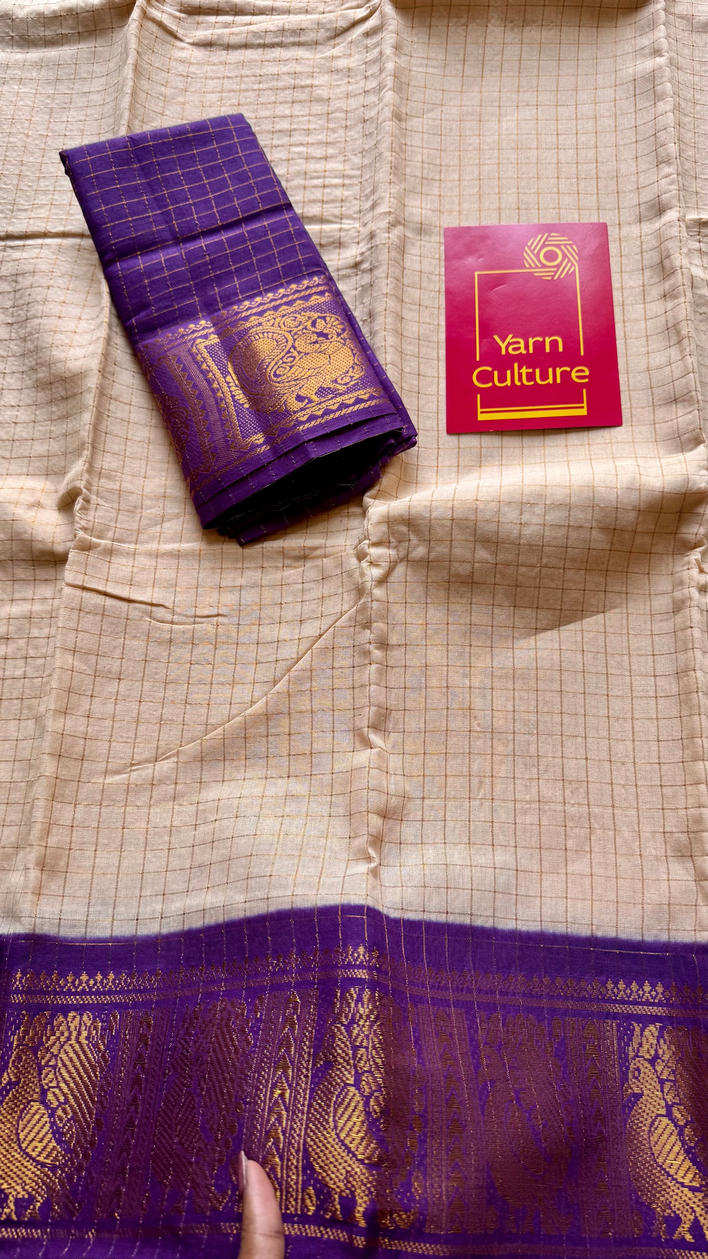 Ivory with purple contrast zari checkered sungudi, kattuchayam dyed madurai cotton - YCIEON95