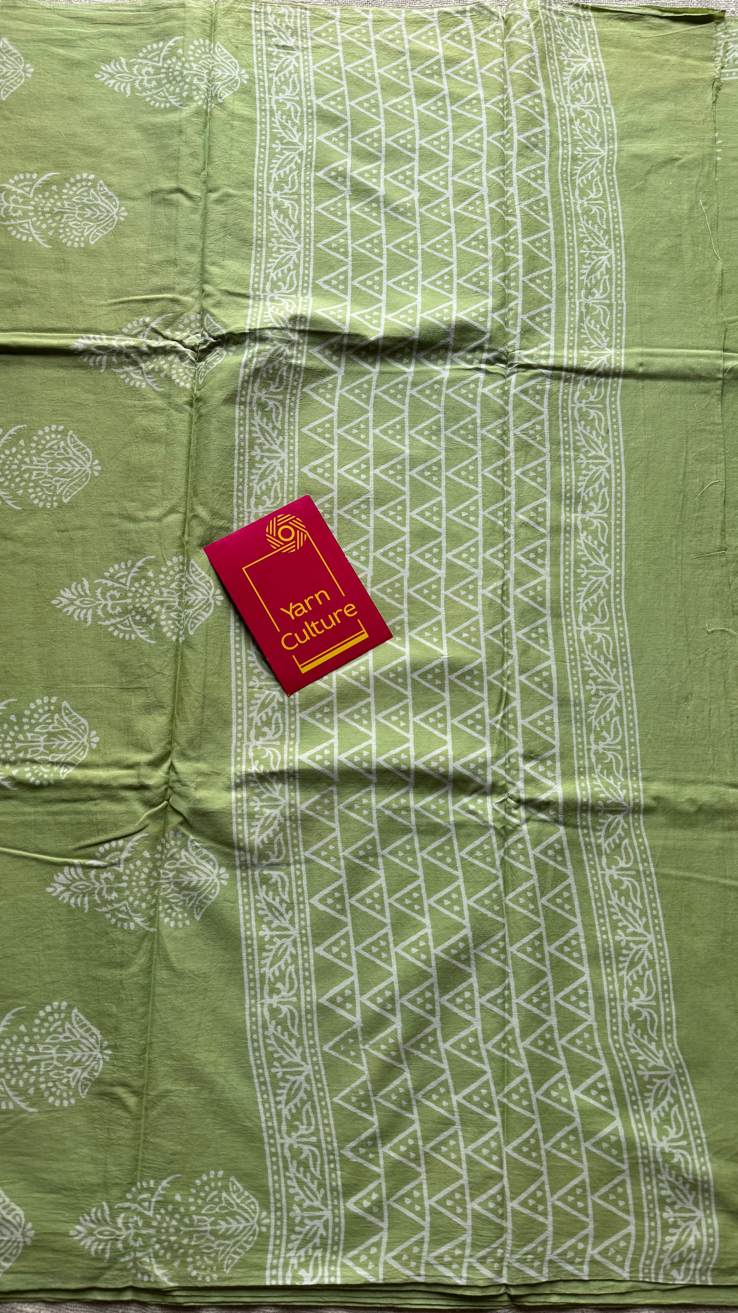 Pista green with off white tree motifs, block printed soft cotton saree - YCTORCMA19