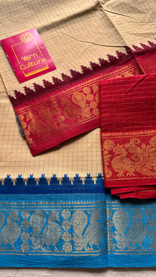 Blue - maroon sungudi cotton checks, sandal colour base, soft cotton - YCCOTNJSUN02