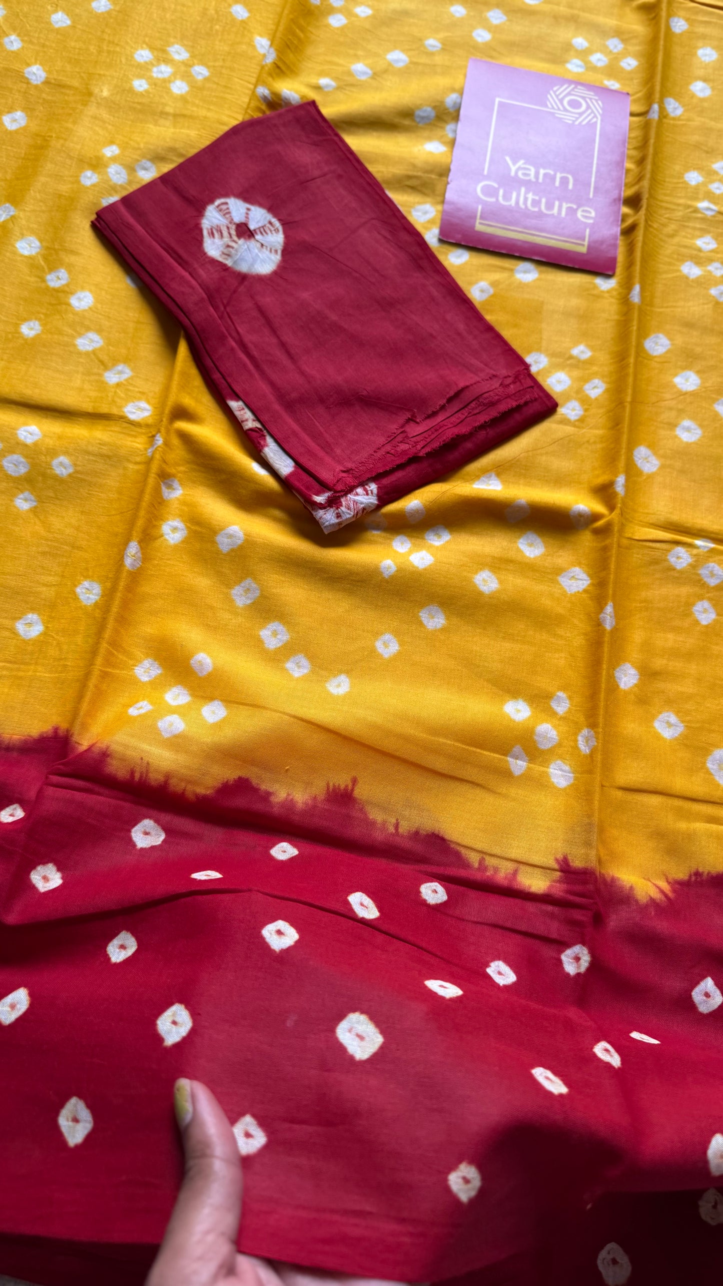 Yellow with red Sungudi/Bandhani, soft cotton - YCCOTNSEMS76
