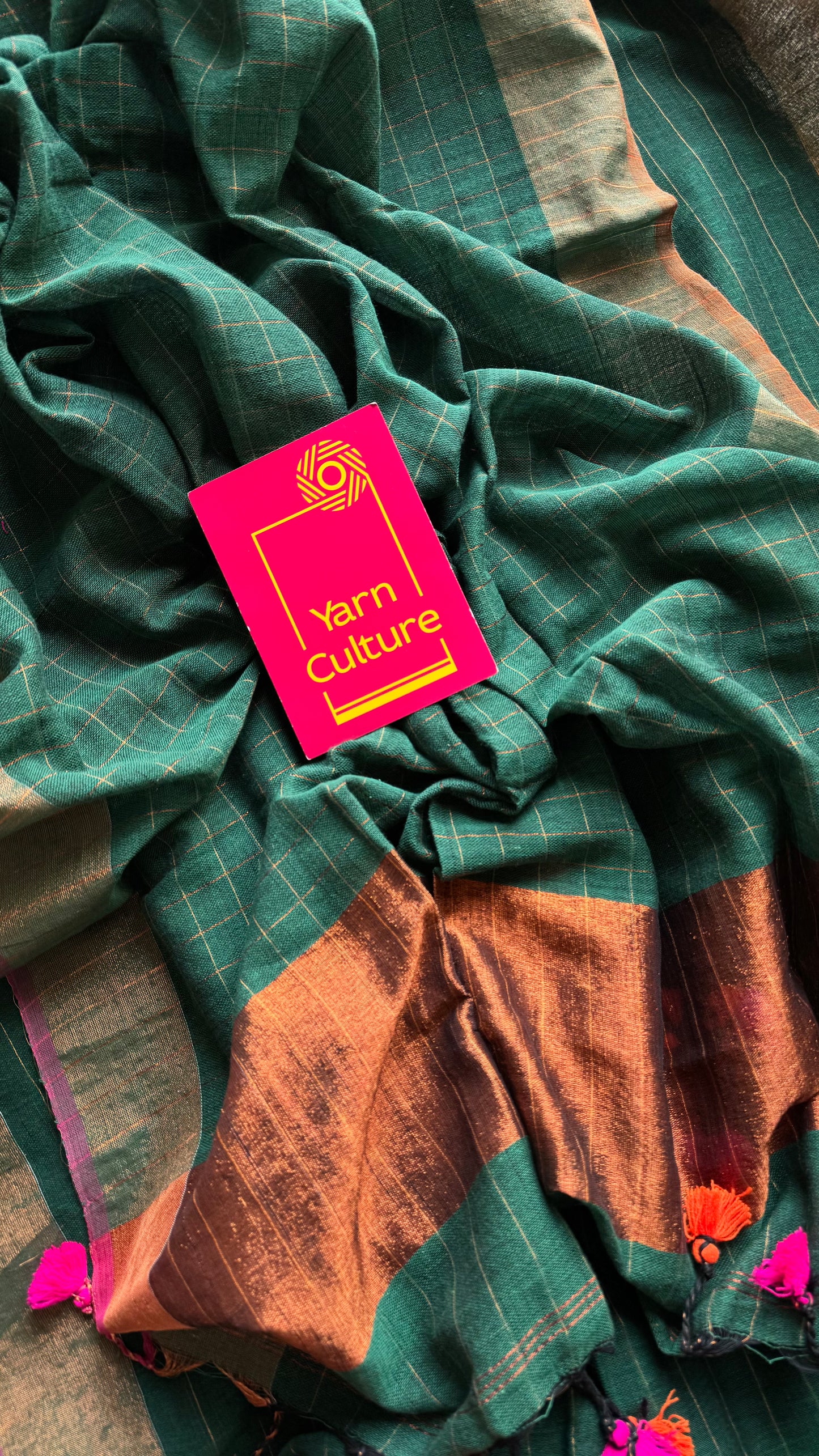 Green linen by cotton saree, gold checks & copper zari pallu - YCBCLCAP56