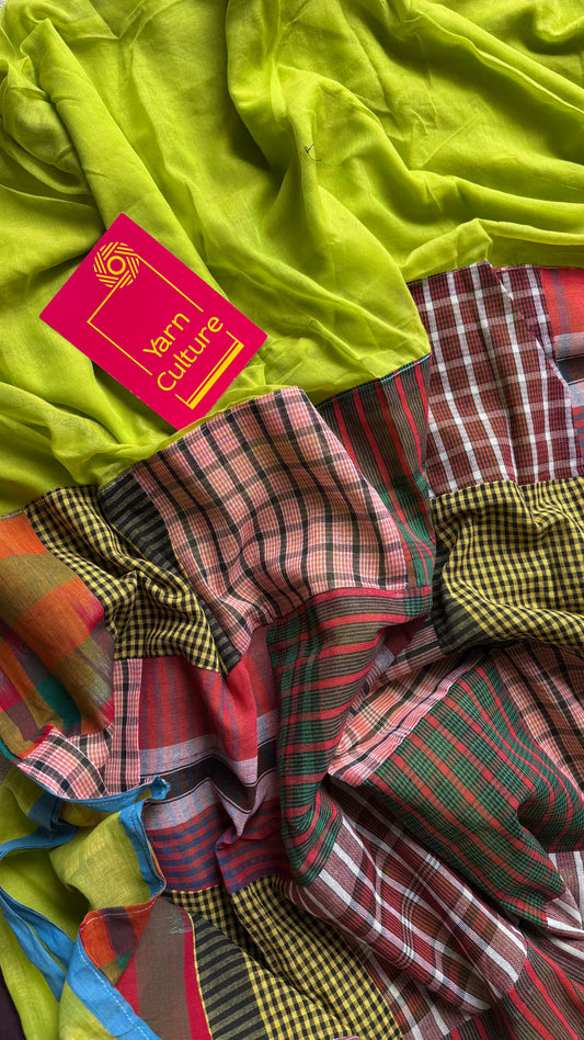 Lime green mul saree with patchwork on pallu - YCBCAUMCP02