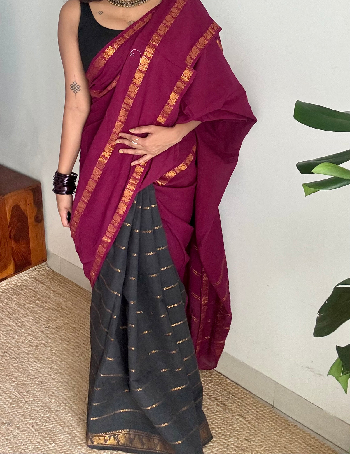 Purple pink (vadamalli) with black, sungudi cotton half-half saree - YCCOTNIDOC20