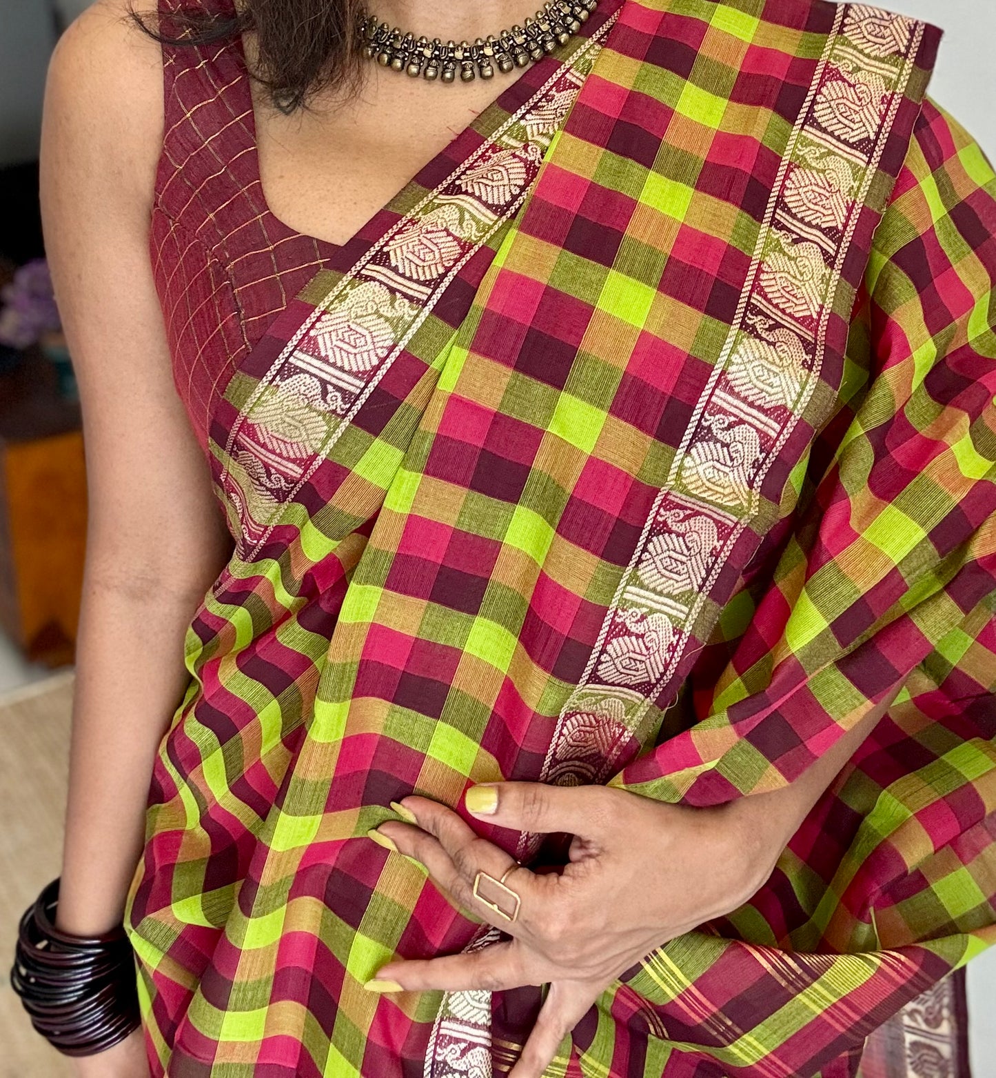 Multicolour Chettinad cotton caree with Paalum Pazhamum checks (Light Green, Green, Maroon & Dark Pink)- YCCOTNCCFE149
