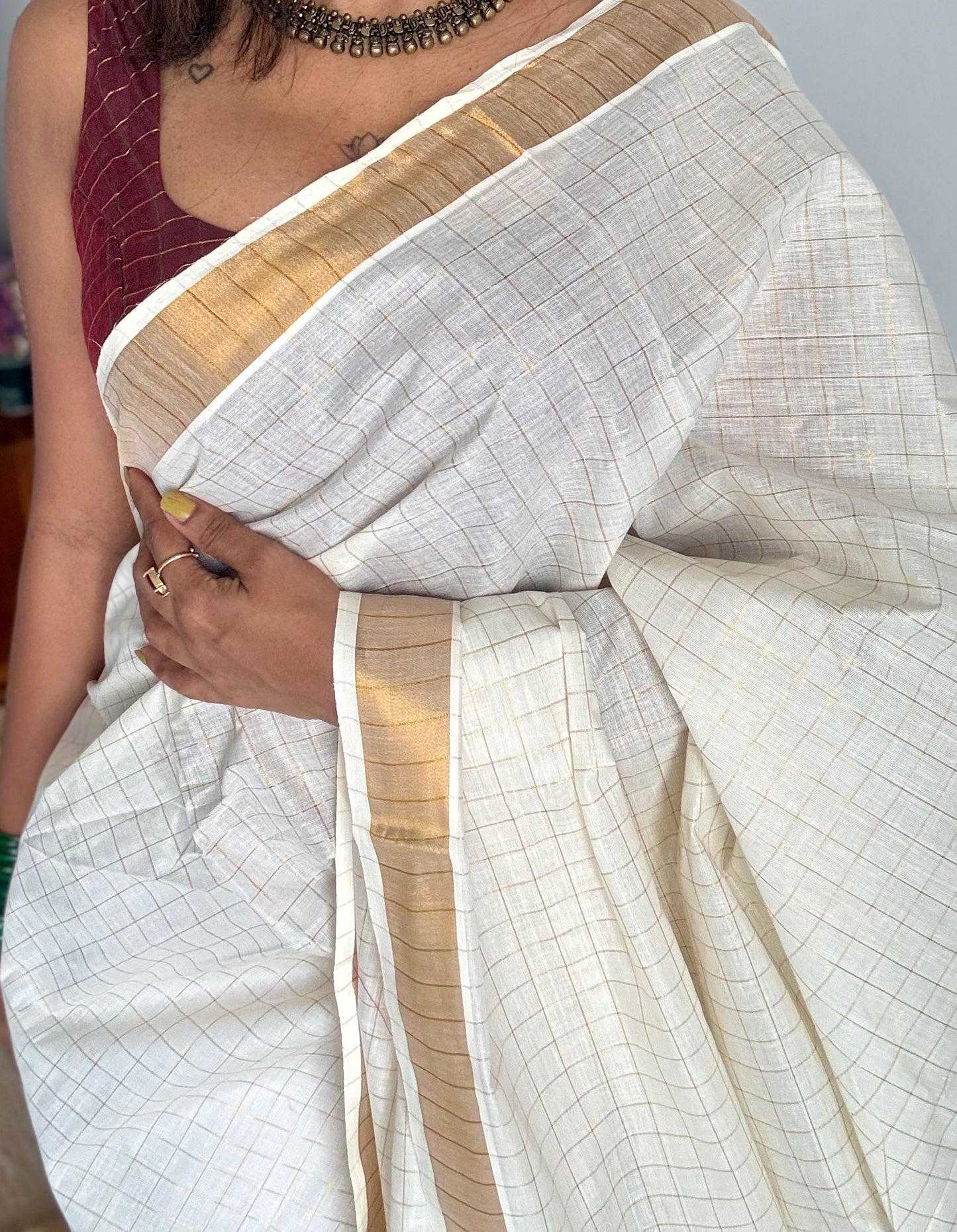 Ivory Kerala cotton saree with gold checks - YCIEKCFE318