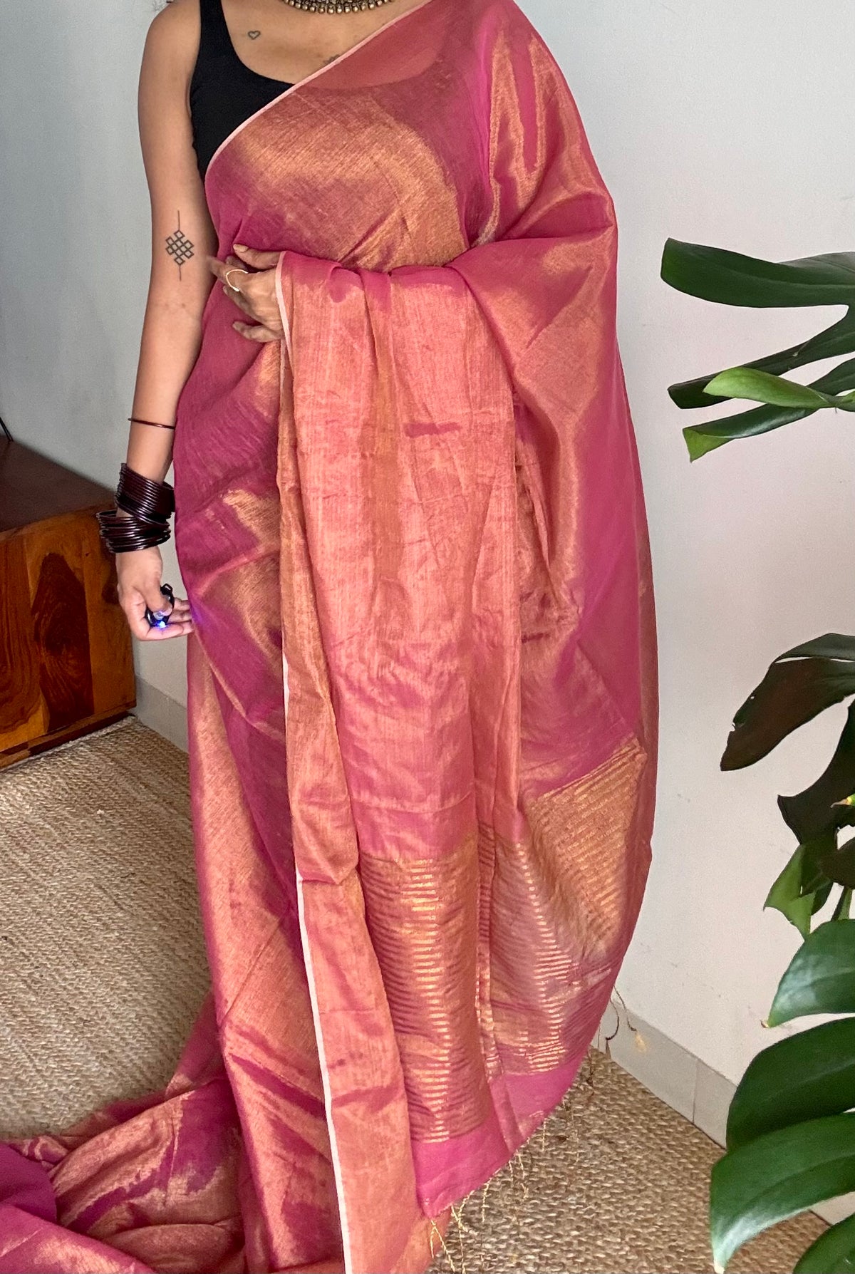 Rani pink with gold, dual tone metallic tissue linen saree - YCBCLTOC55
