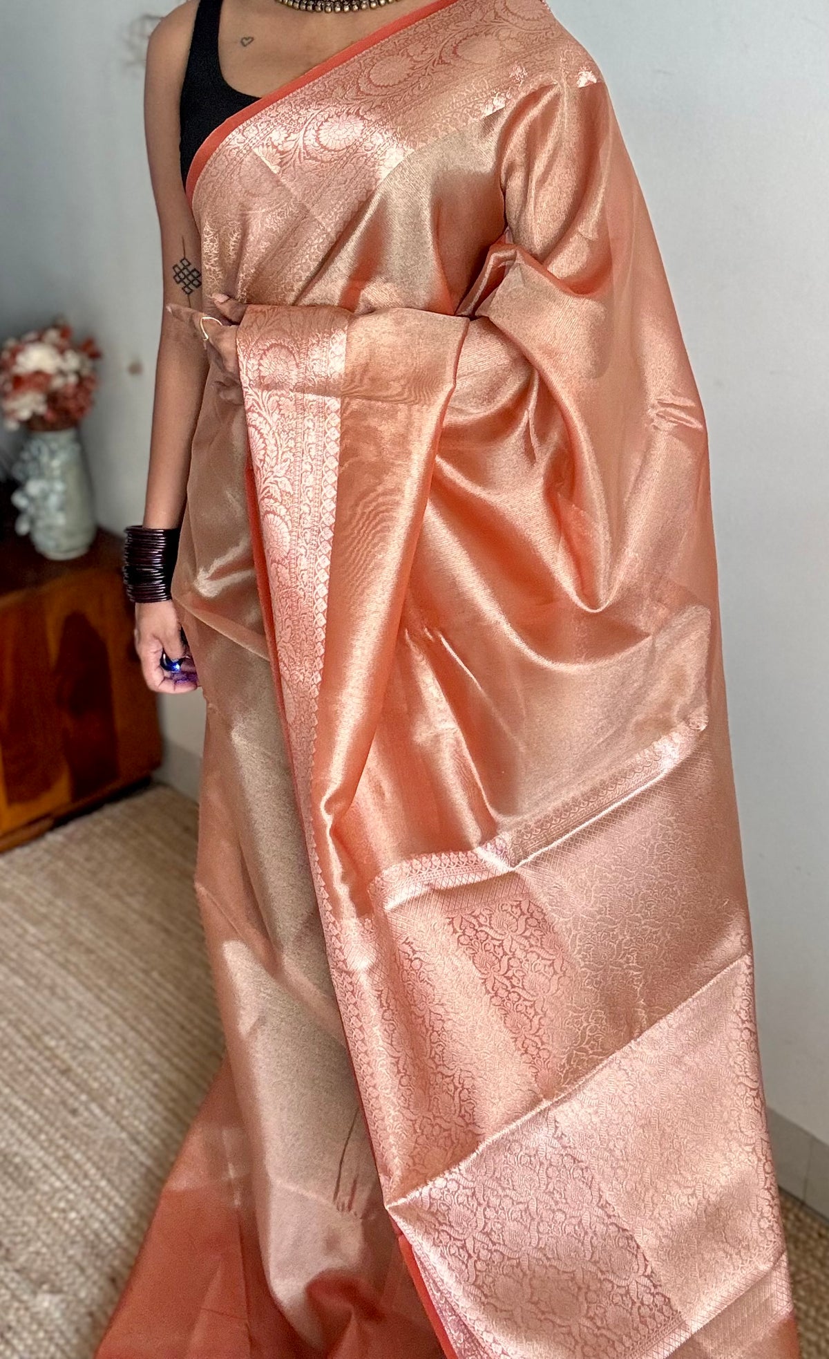 Orange tissue Banarasi saree with zari border - YCBLTOC87