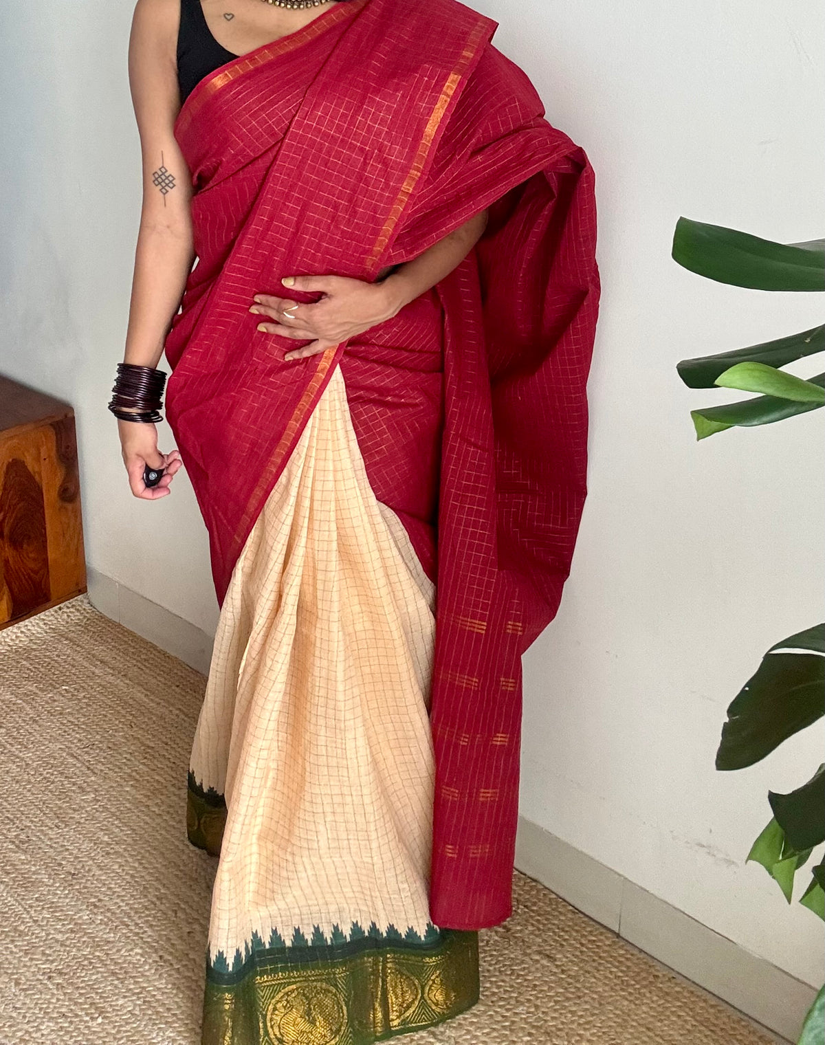 Red with cream and green, sungudi cotton half-half saree - YCCOTNIDOC12