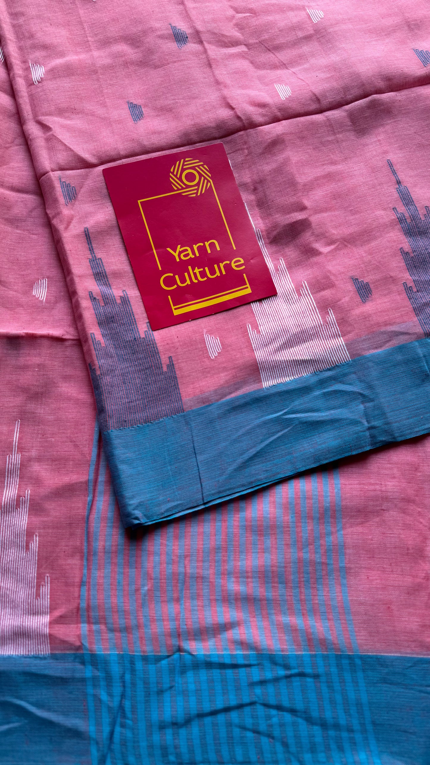 Peach pink with blue borders, temple motif woven threadwork, soft cotton - YCBCMKCDE31