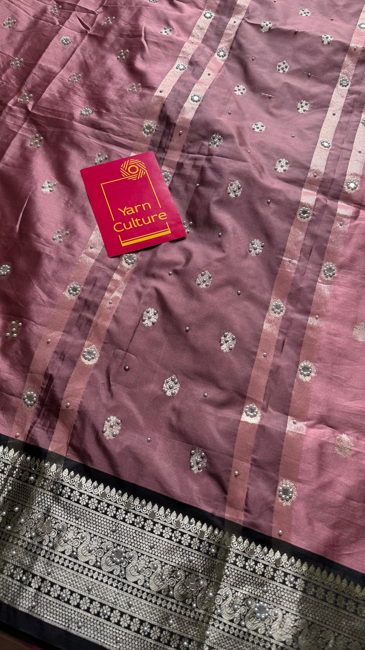 Dusty pink with black silver zari Banarasi semi-katan silk saree with pearl embellishments - YCBLTOC92