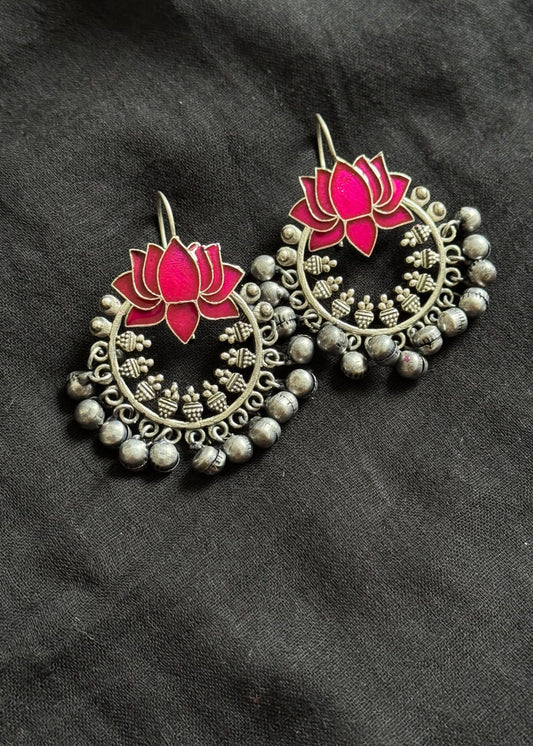 Meenakari lotus hook earrings, hot pink - YCOSED247