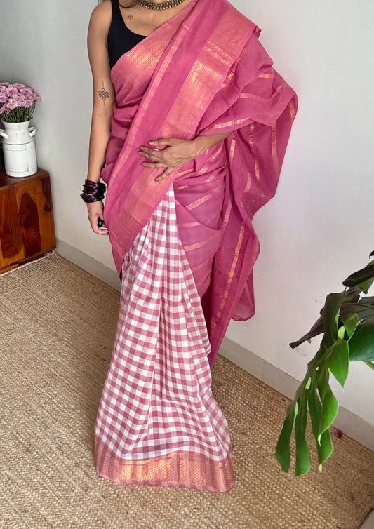 Dusty pink with multicoloured checks, sungudi and chettinad cotton half and half saree - YCCOTNIDOC136