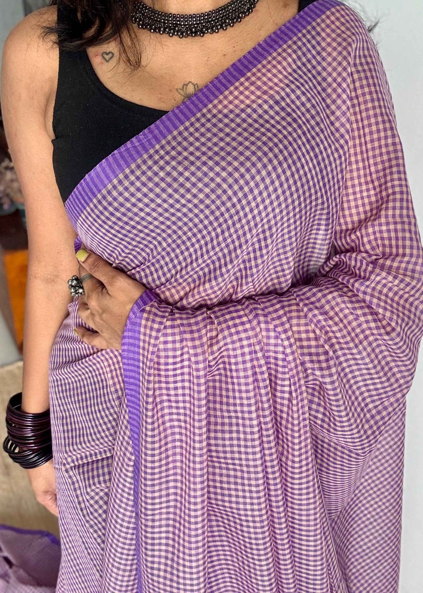 Purple and cream mul, micro checks - YCBCMCNO05