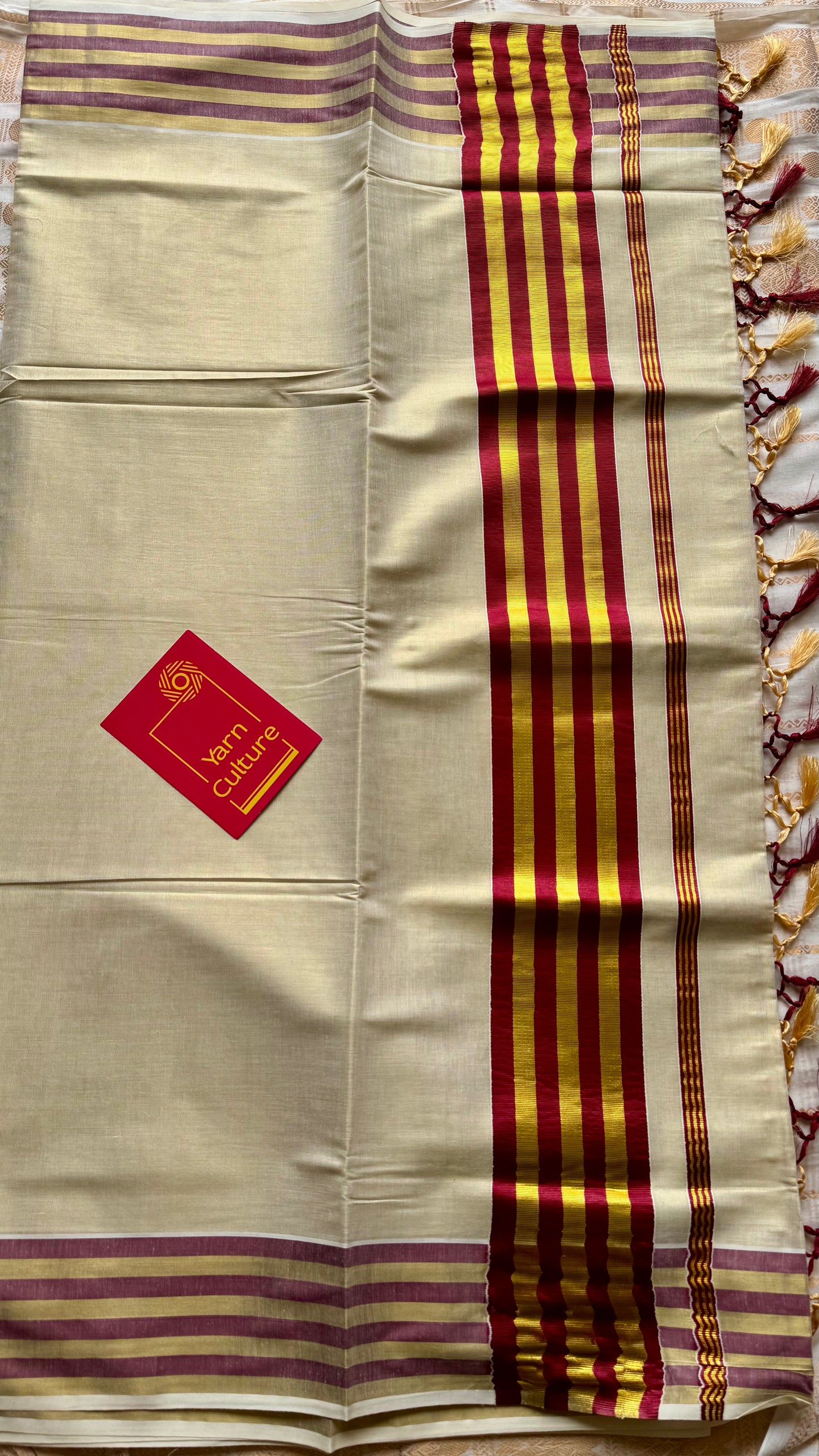 Ivory and gold soft tissue cotton saree, maroon border - YCIEON67