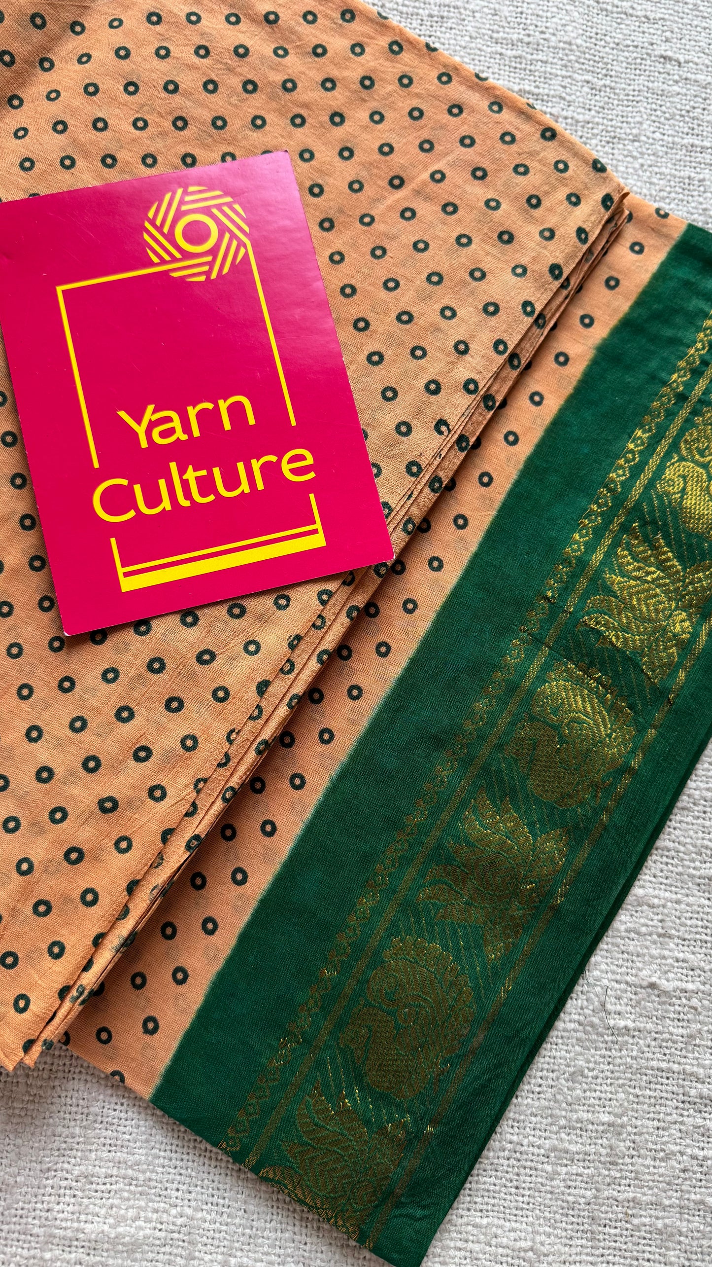 Peach with green, kattuchayam dyed madurai sungudi cotton saree - YCCOTNMSFE03