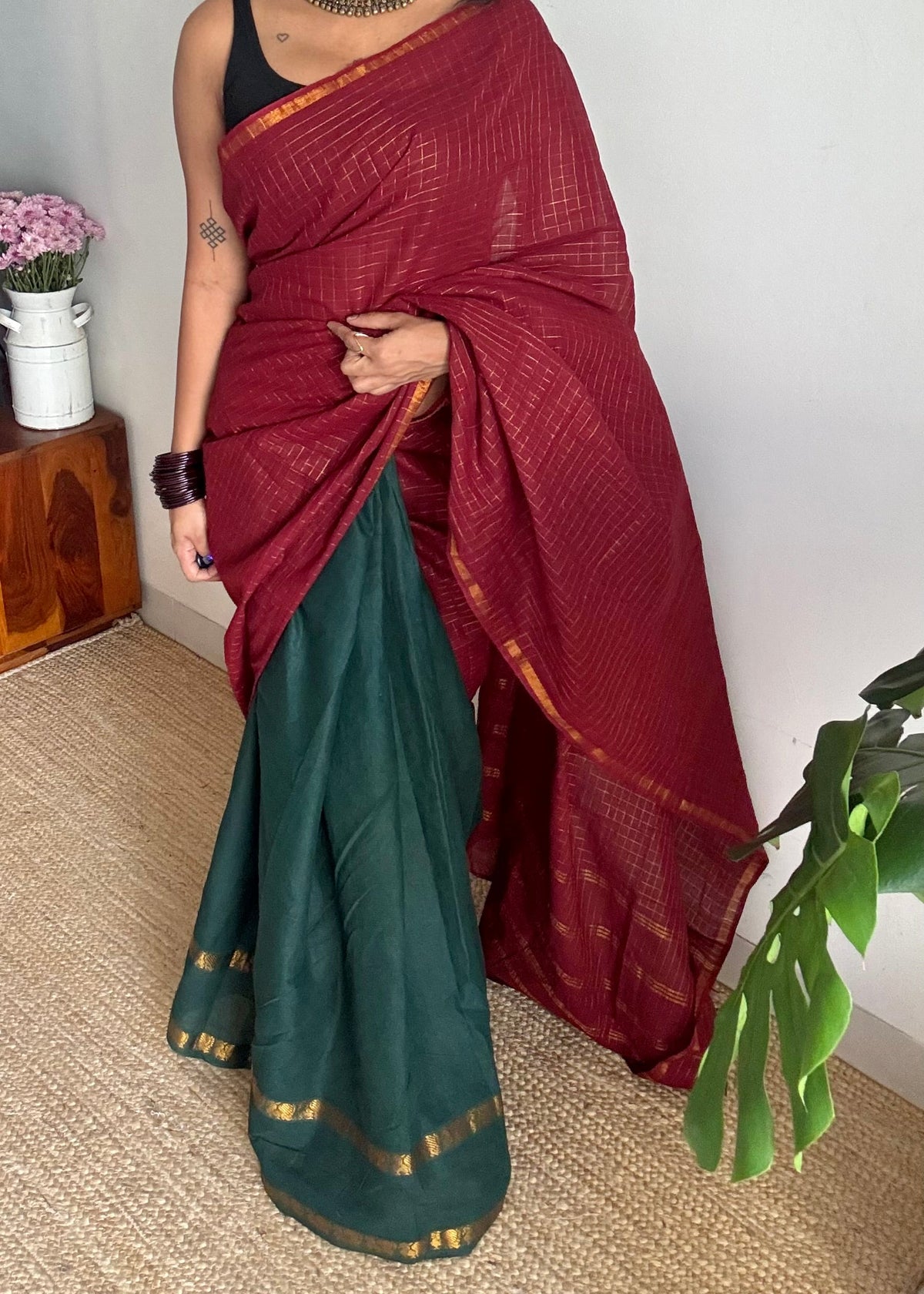 Maroon with dark green, sungudi cotton half and half saree - YCCOTNIDOC158