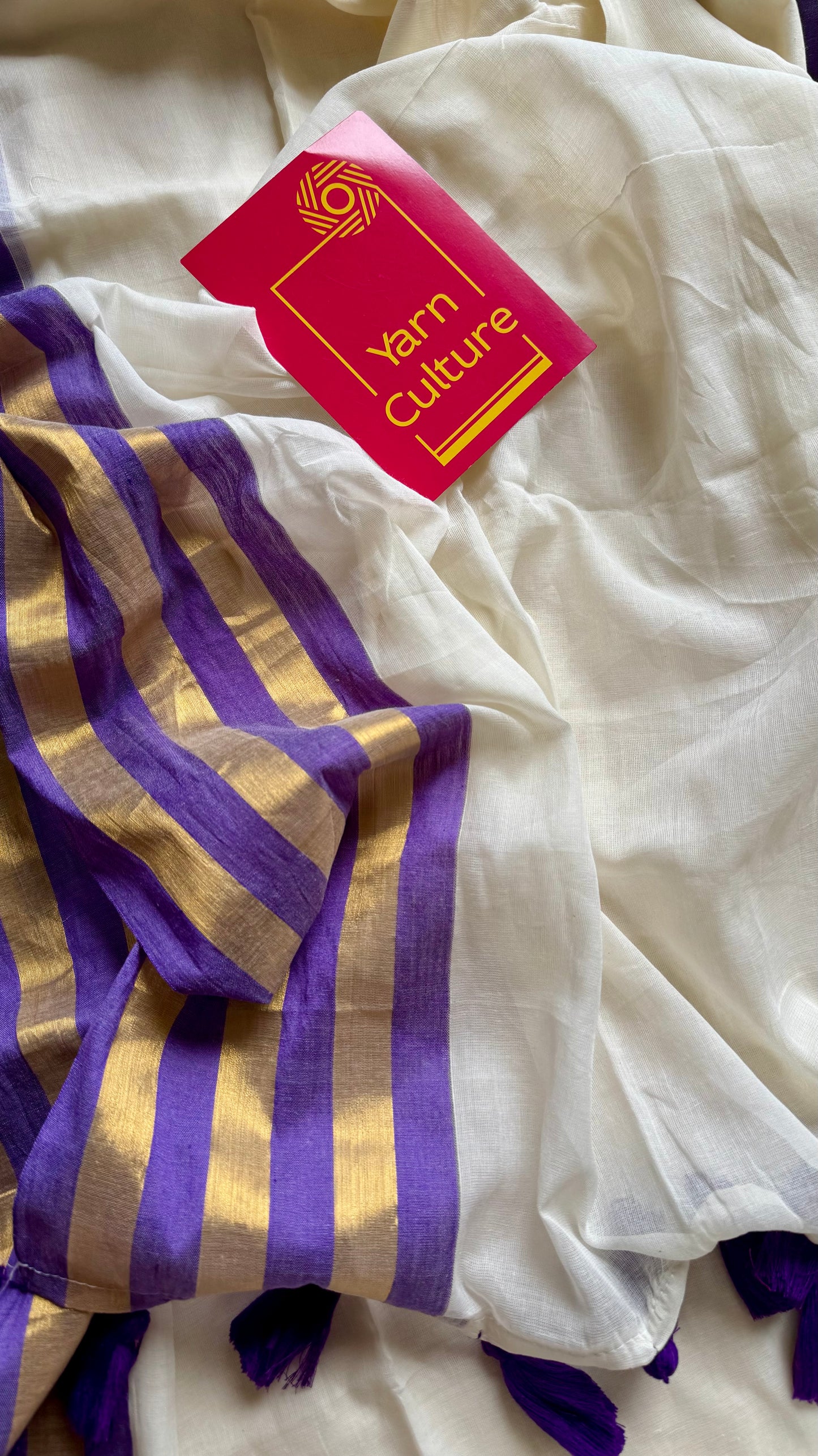 Ivory mul saree, purple striped border - YCIEON40