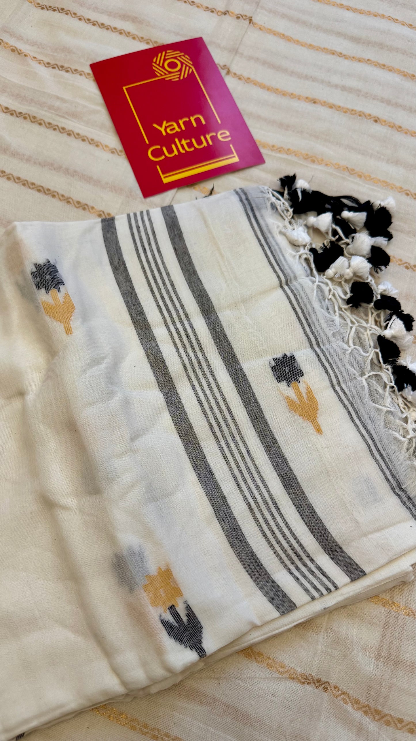Ivory soft cotton saree, jamdani floral work - YCIEON31