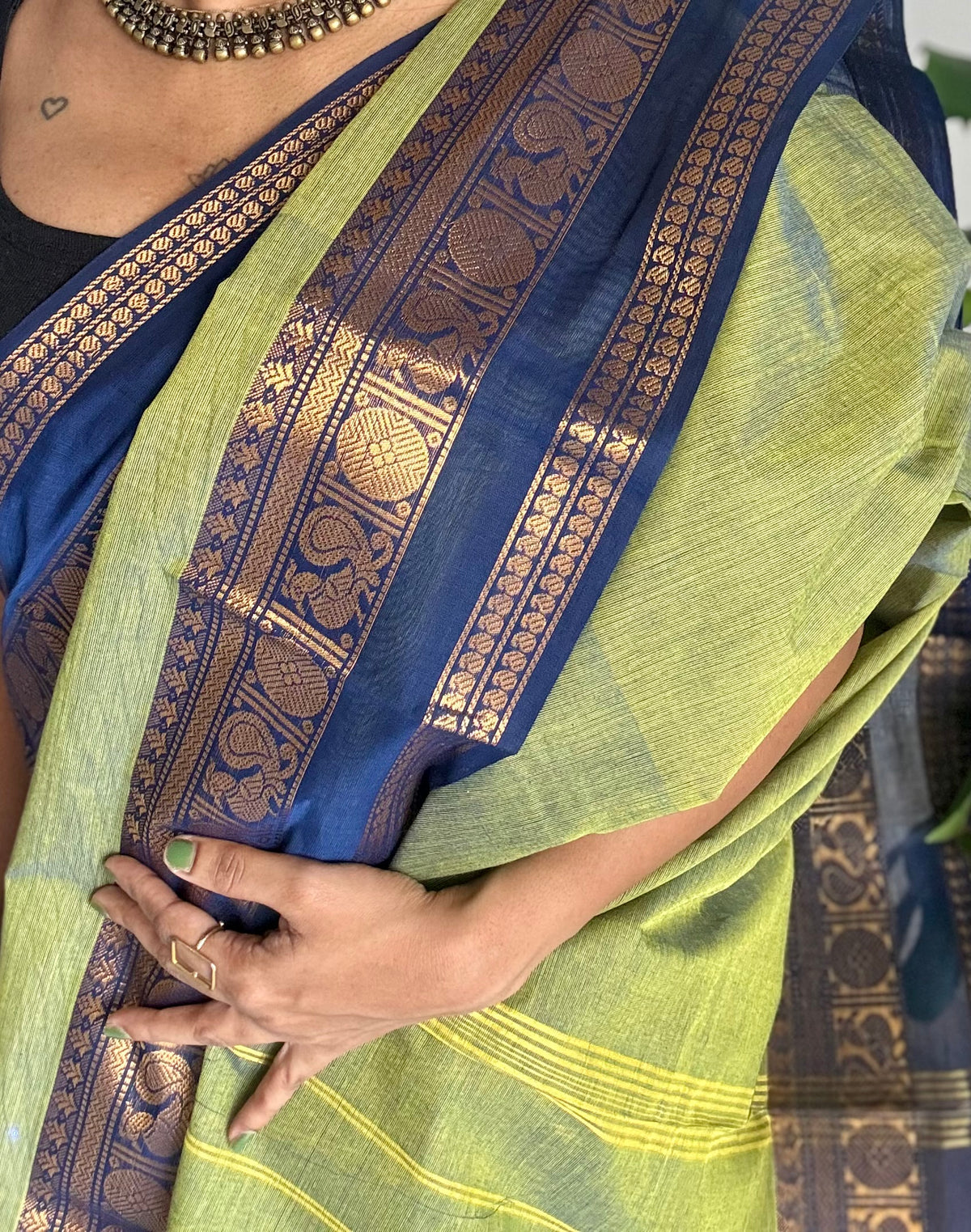 Green with blue gap zari border, kanchi cotton saree - YCCOTNCCOC115