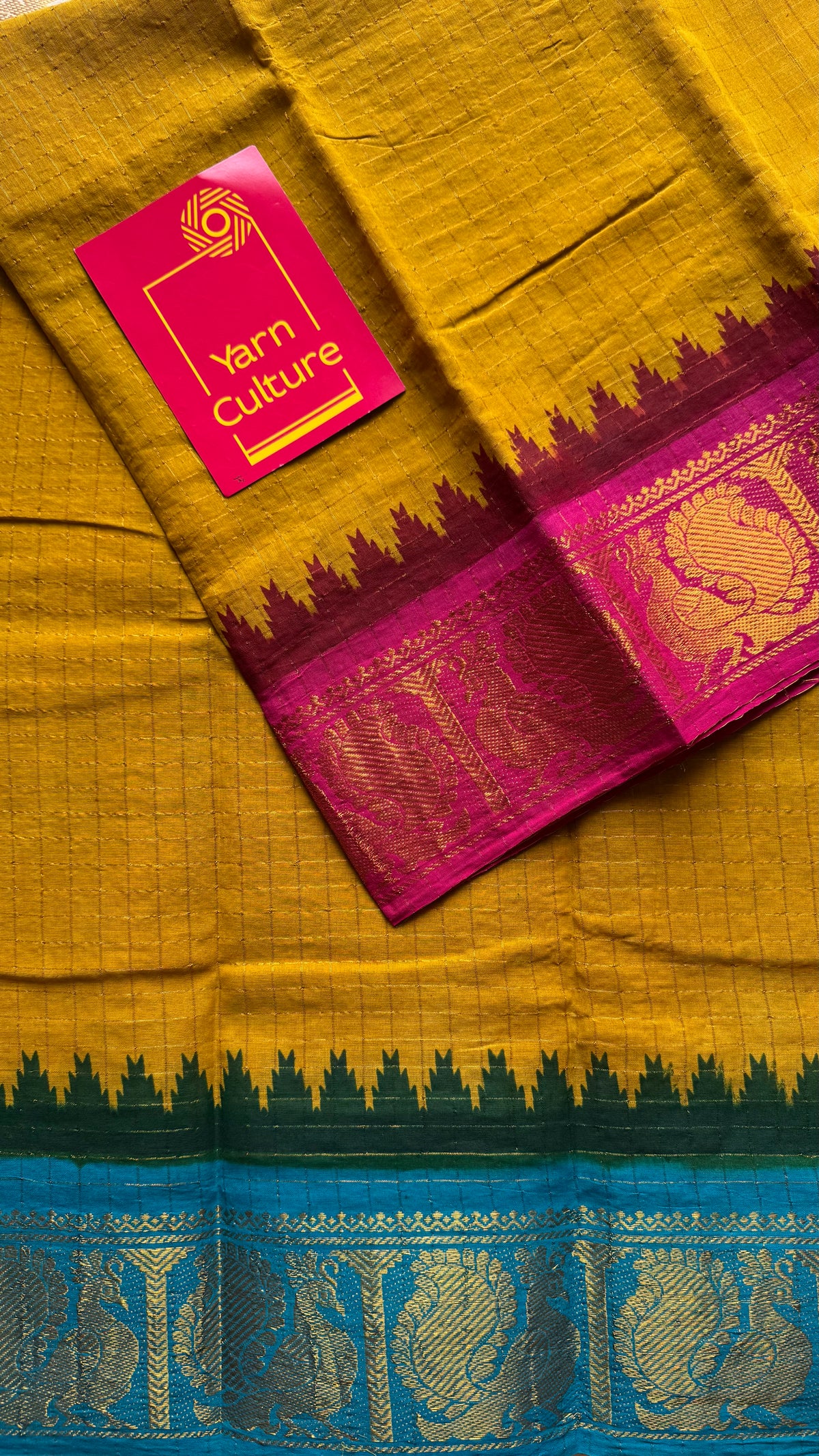 Sungudi cotton checks, mustard yellow base, blue and hot pink dual tone border, soft cotton - YCCOTNMSSE10