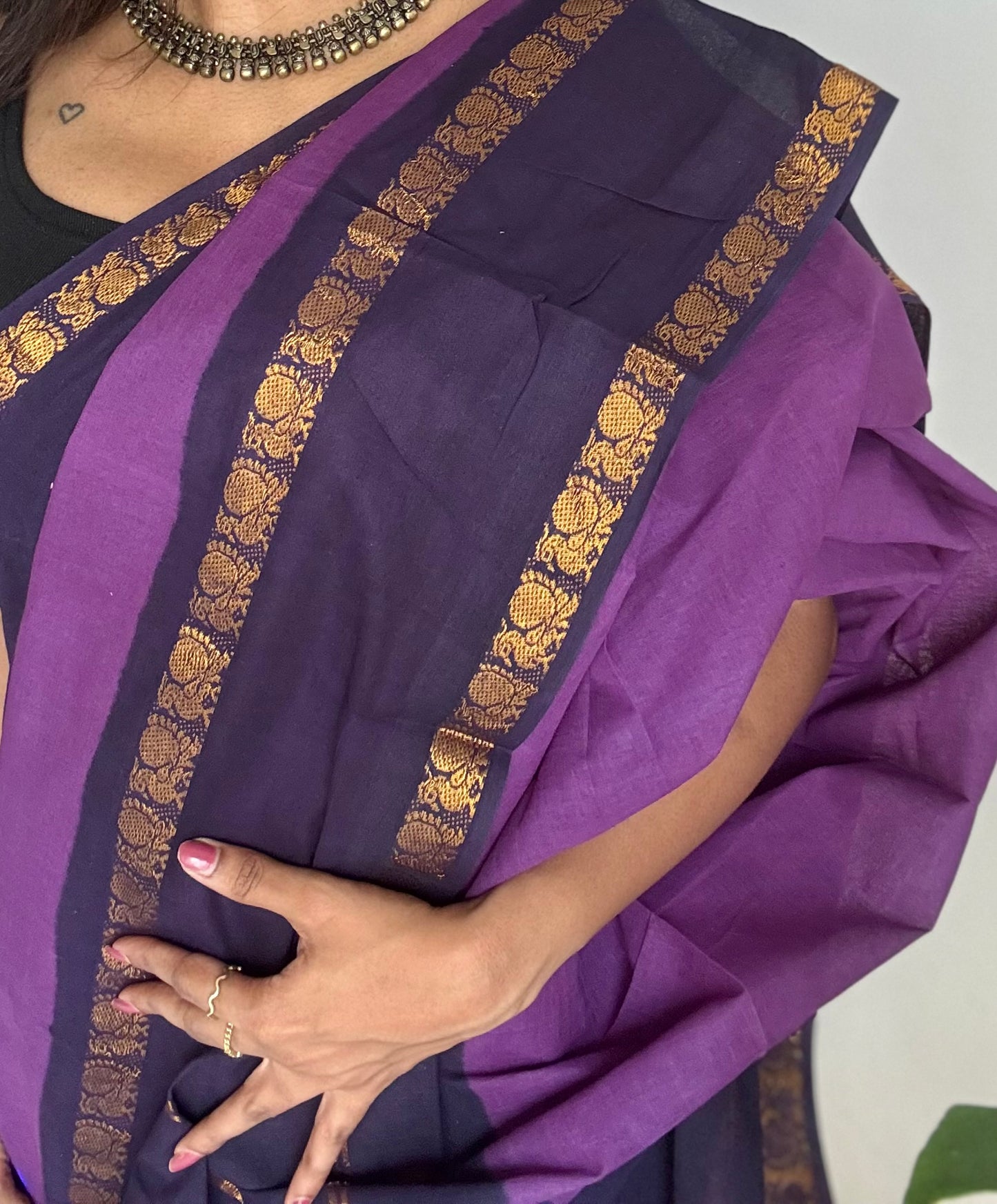 Purple with dark blue rettaipettu peacock double border, madurai soft cotton - YCCOTNMSAP204