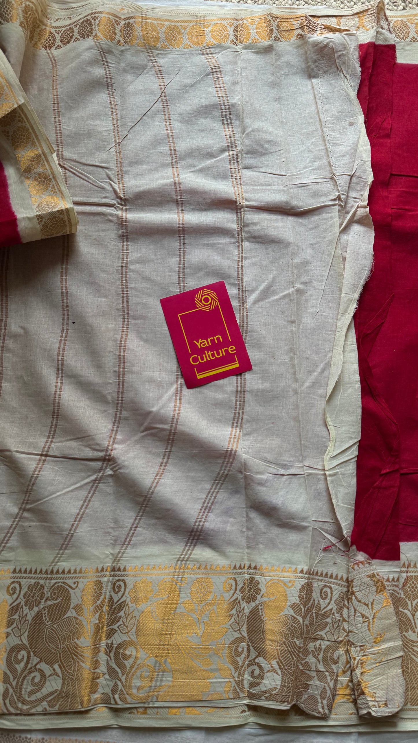 Red long border sungudi saree with cream contrast, kattuchayam dyed madurai cotton - YCCOTNMA251