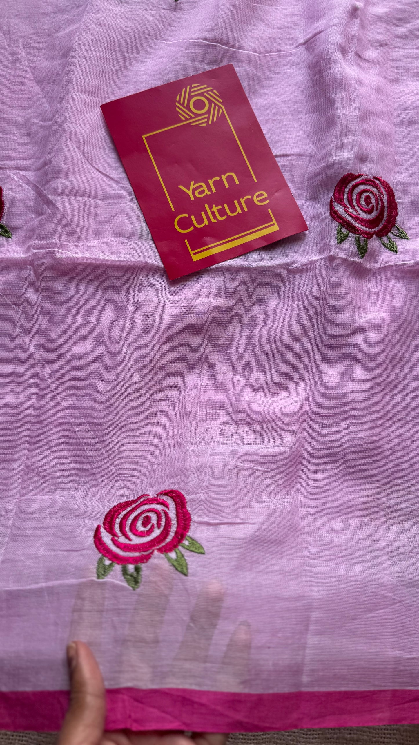Pink mul with dark pink rose thread embroidery - YCBCMCNO73