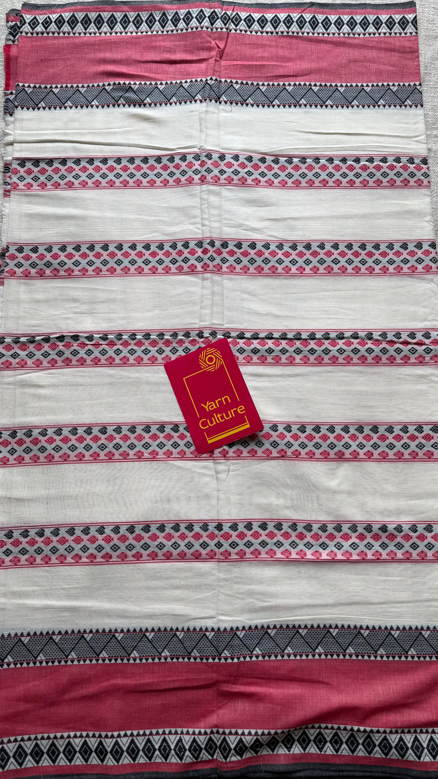Pure Dhaniakhali tant in white, red and black patterened border - YCBCDP23