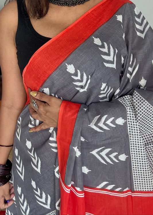 Grey with red border, white motifs, soft cotton saree - YCTORCMA07