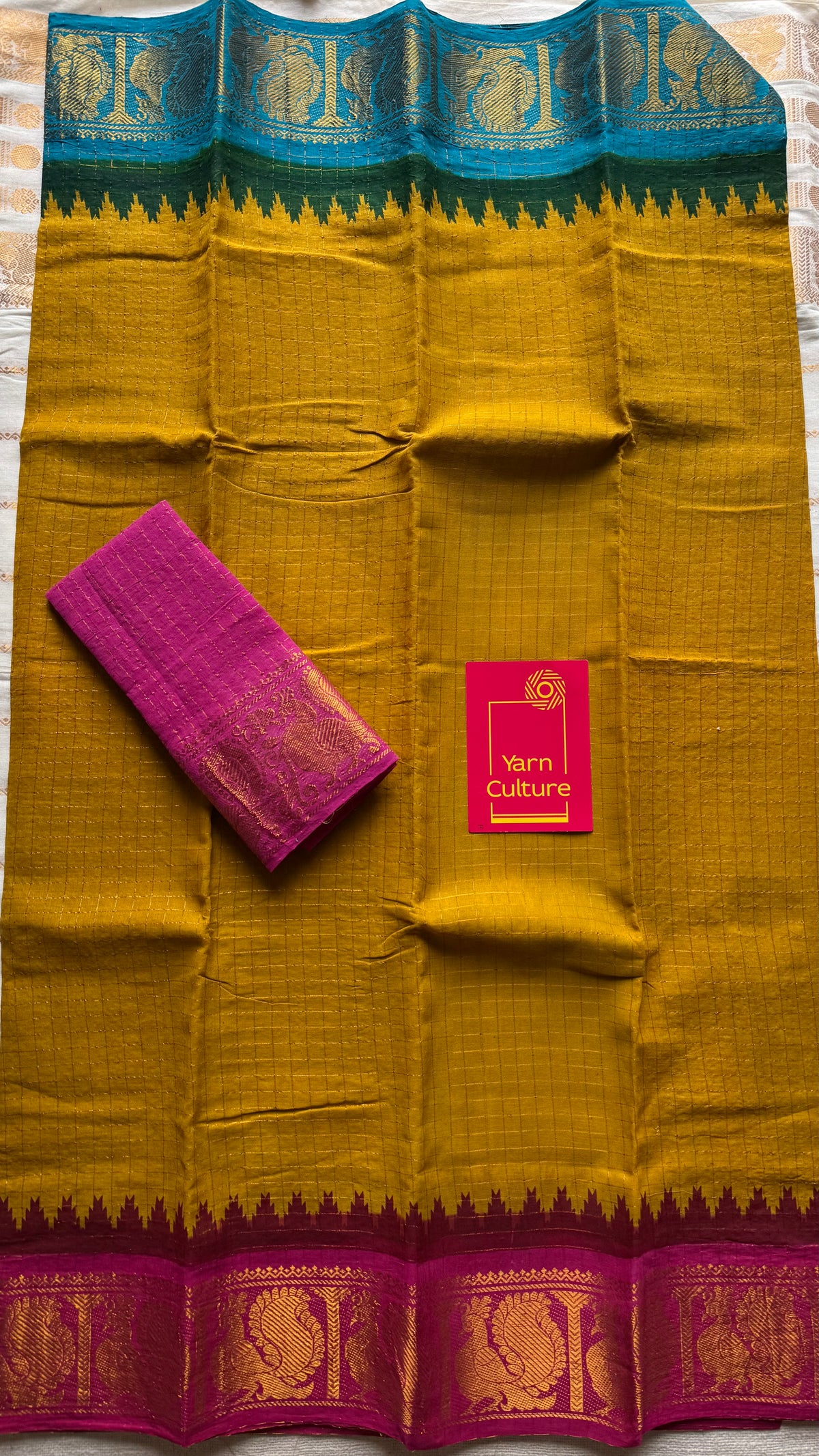 Sungudi cotton checks, mustard yellow base, blue and hot pink dual tone border, soft cotton - YCCOTNMSSE10