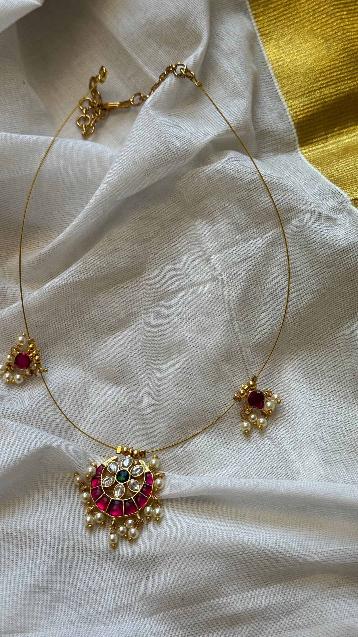 Invisible neckchain with jadau kundan stones & pearl hangings - ruby, green, white - YCGPNP688