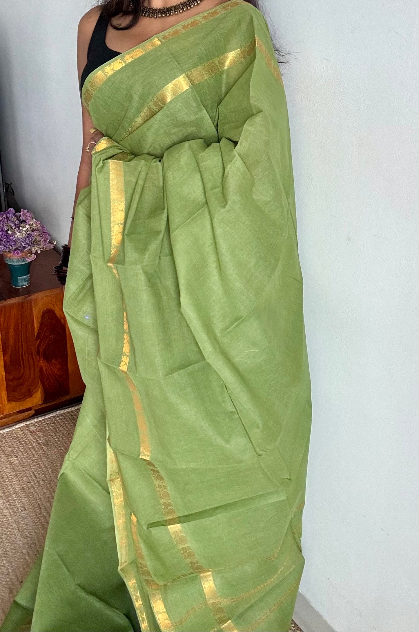 Sage green rettaipettu peacock double bordered, kattuchayam dyed madurai cotton saree - YCCOTNMSFE272
