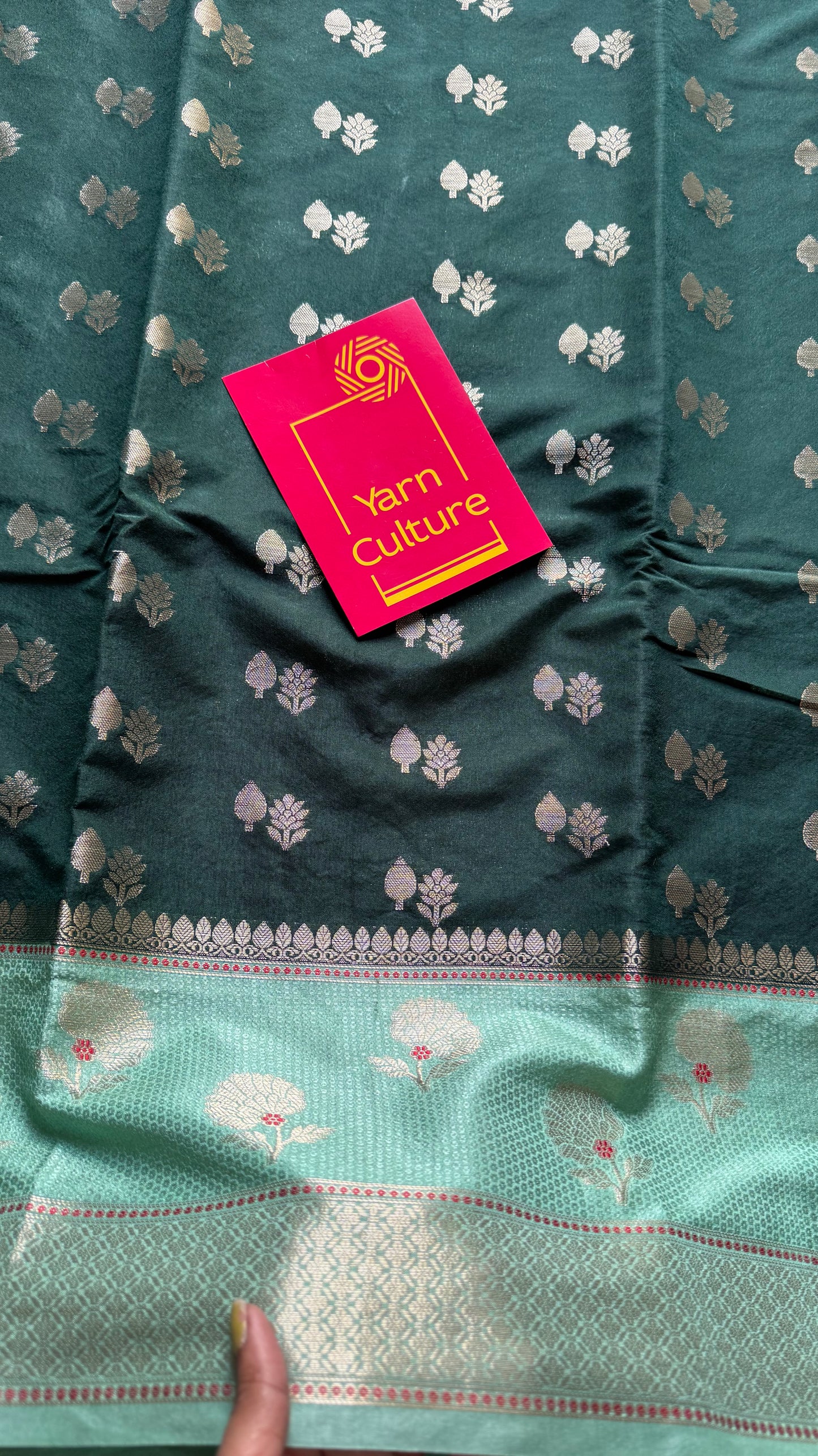 Dark green with pastel green border, semi dupion silk - YCBLSSJA25