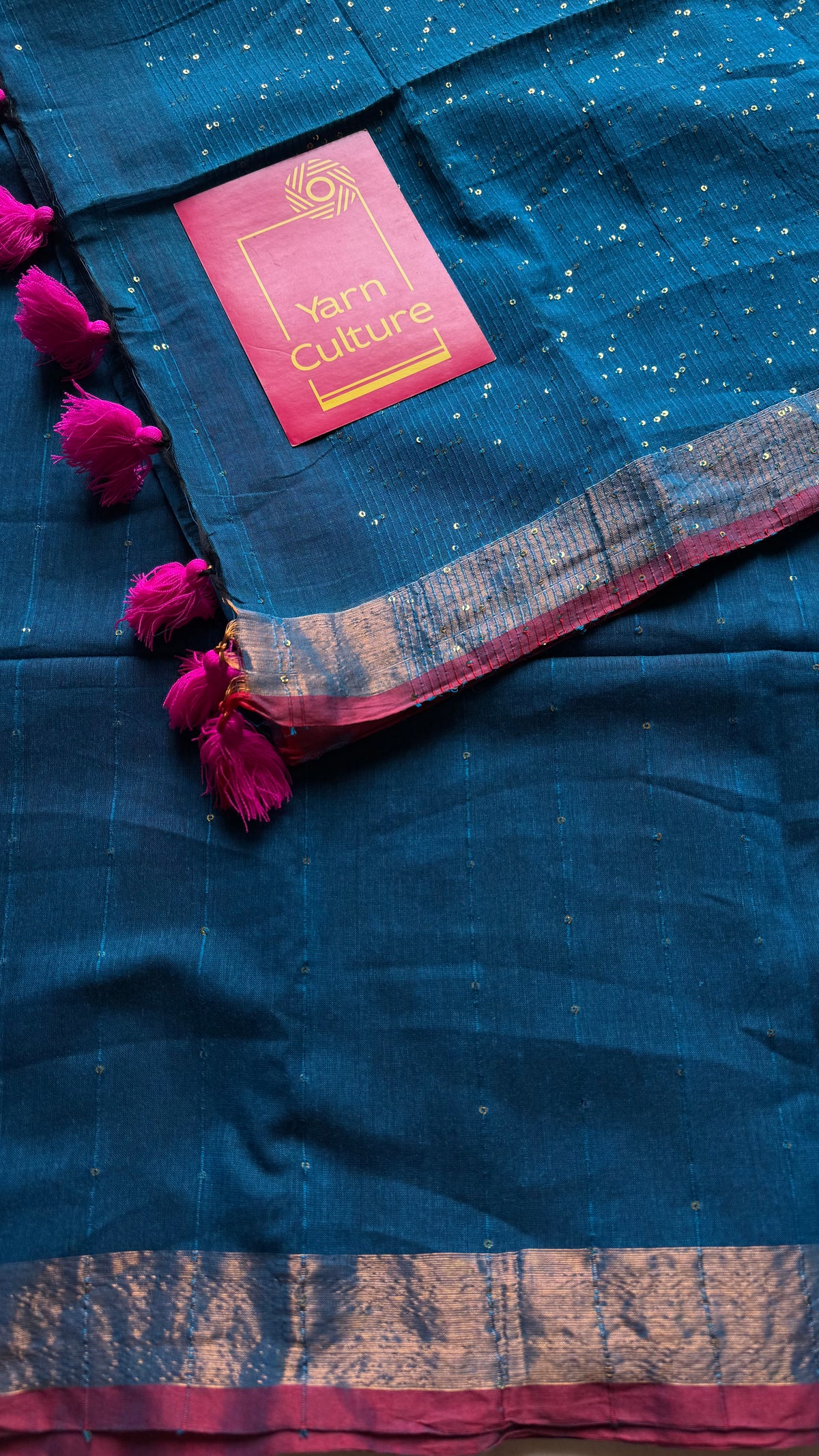 Peacock blue mul cotton saree with sequins and zari border - YCBCMCSE31