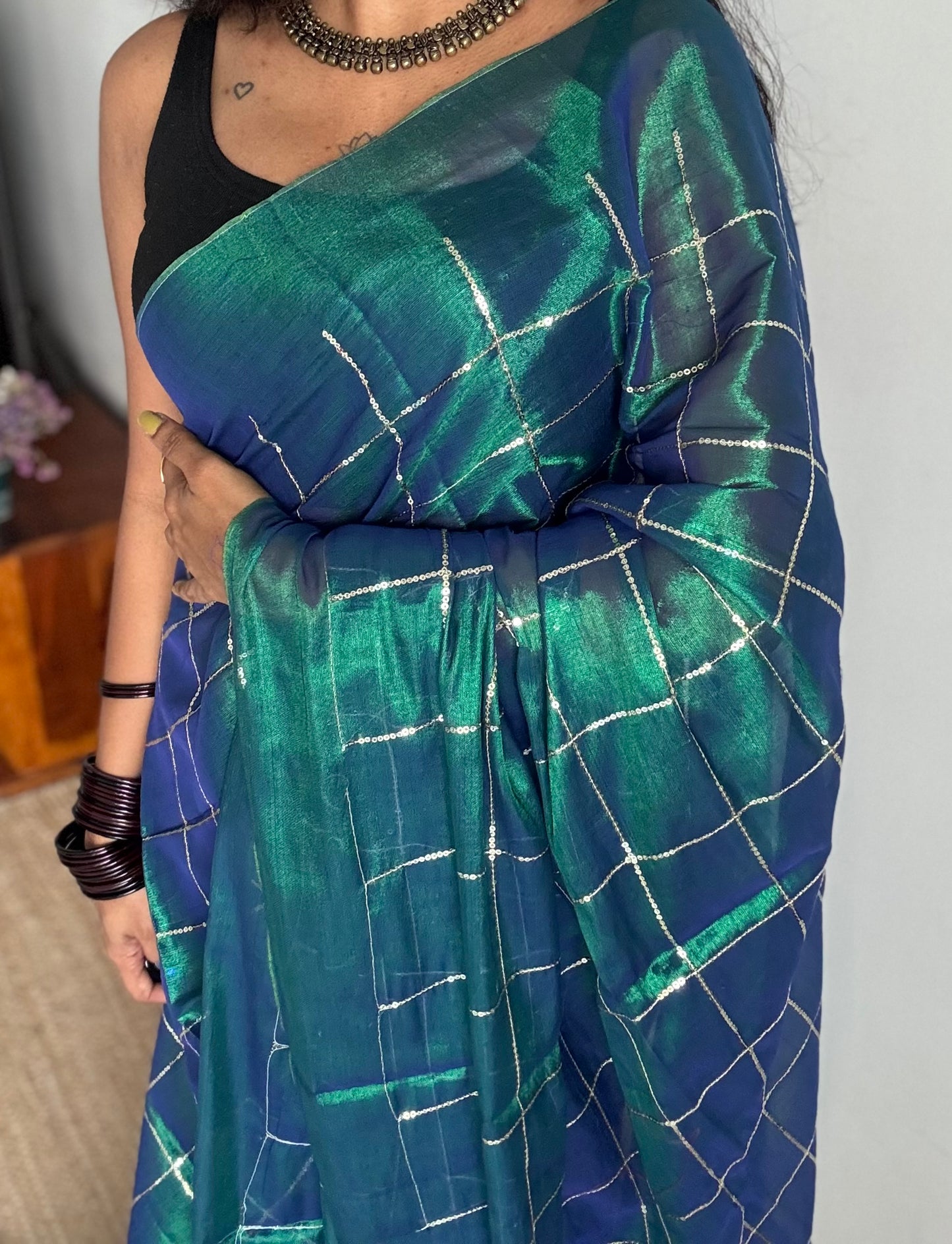 Peacock blue, checkered sequins work, mul tissue - YCBCMCJA09