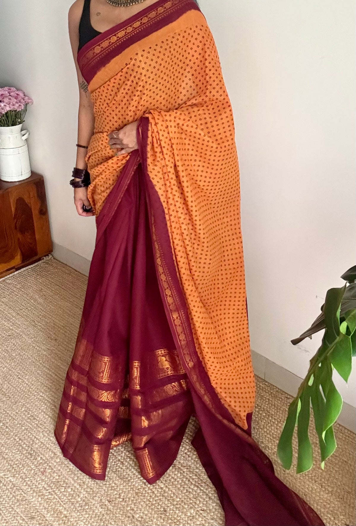 Light orange with maroon, sungudi and chettinad cotton half and half saree - YCCOTNIDOC131