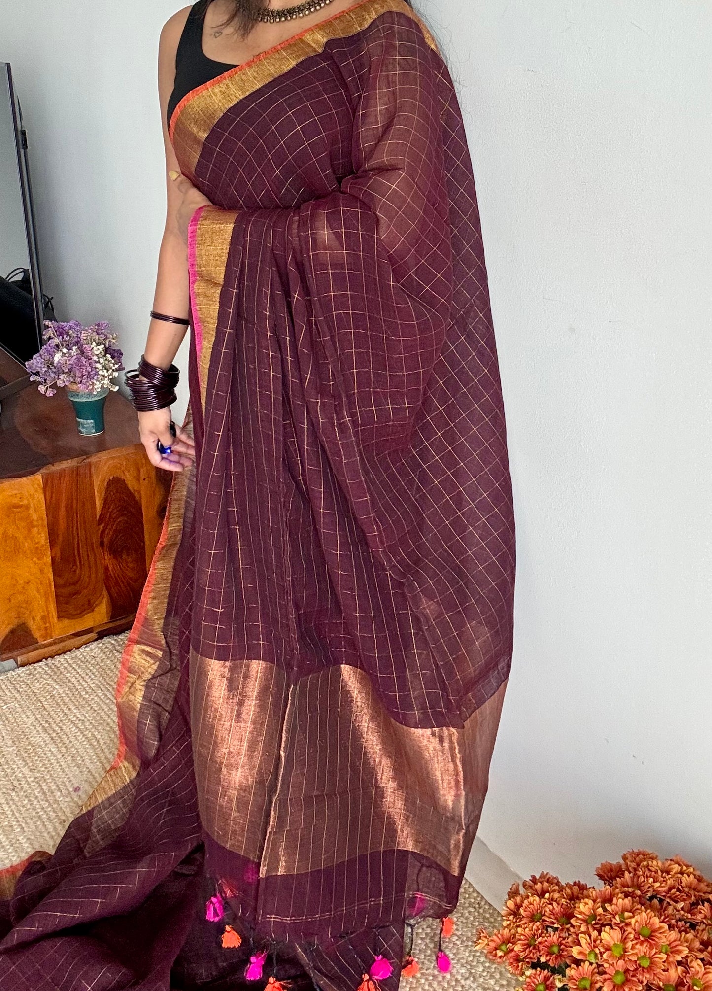 Brown linen by cotton saree, gold checks & copper zari pallu - YCBCLCFE394