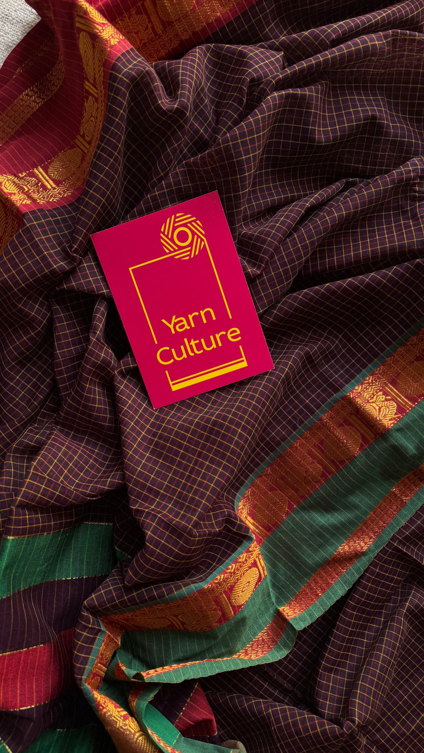 Brown checks with green and red ganga jamuna borders, premium narayanpet soft cotton - YCWOTDNPJA155