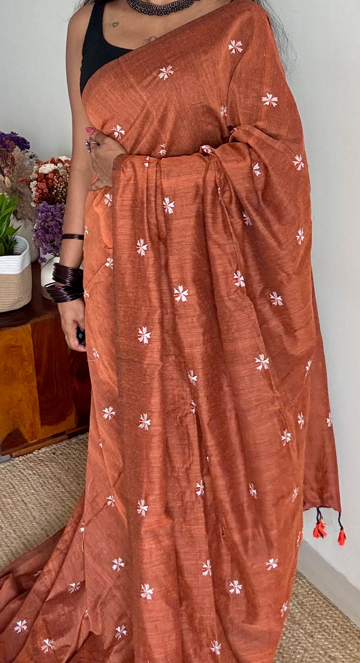 Rust orange parijat soft cotton saree  - YCBCKCAP38