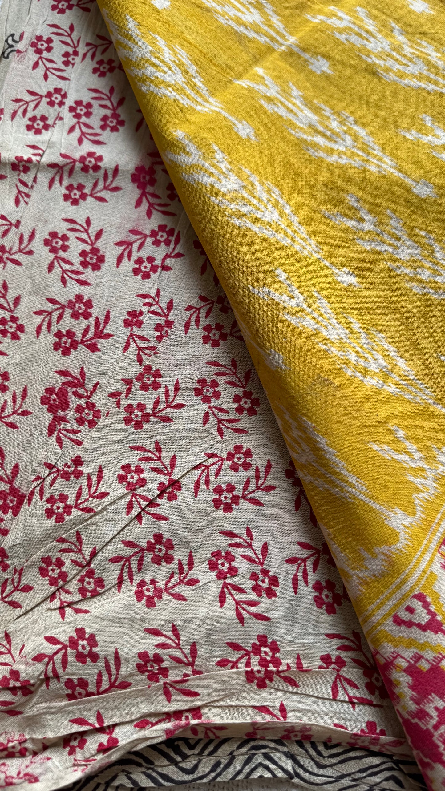 Yellow with red kalamkari, ikat motifs, soft cotton - YCWOTDOCMP82