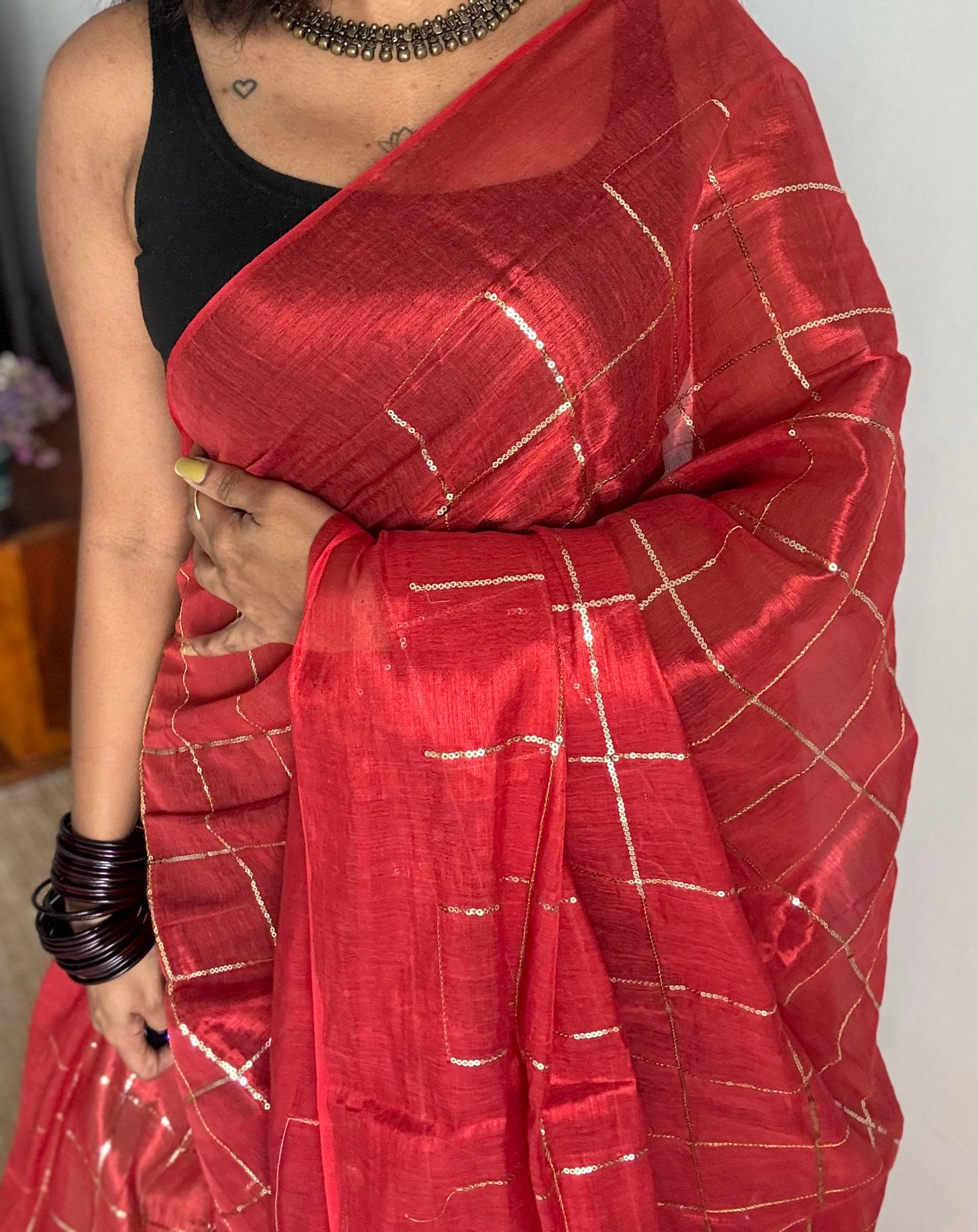 Red, checkered sequins work, mul tissue - YCBCMCJA07