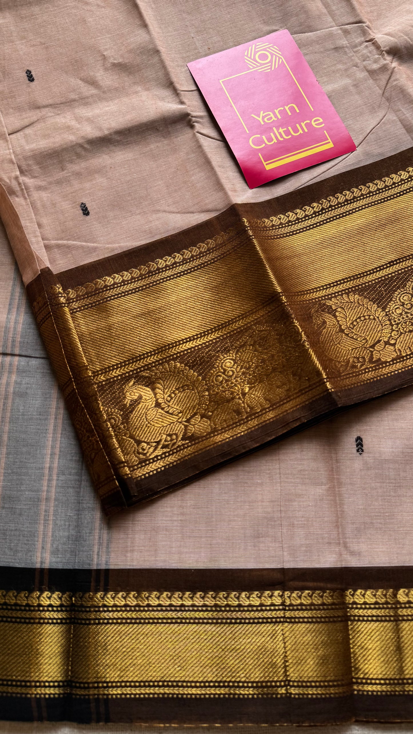 Kanchi cotton saree,dark beige with brown gold zari border - YCCOTNAP82