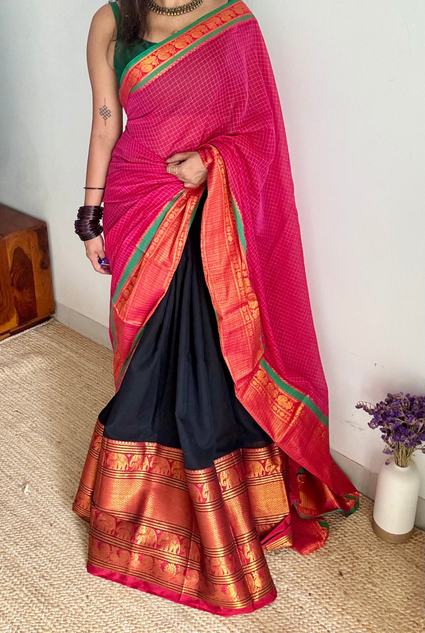 Black - Hot pink unstitched half saree material (dhavani), narayanpet cotton - YCIEHS216