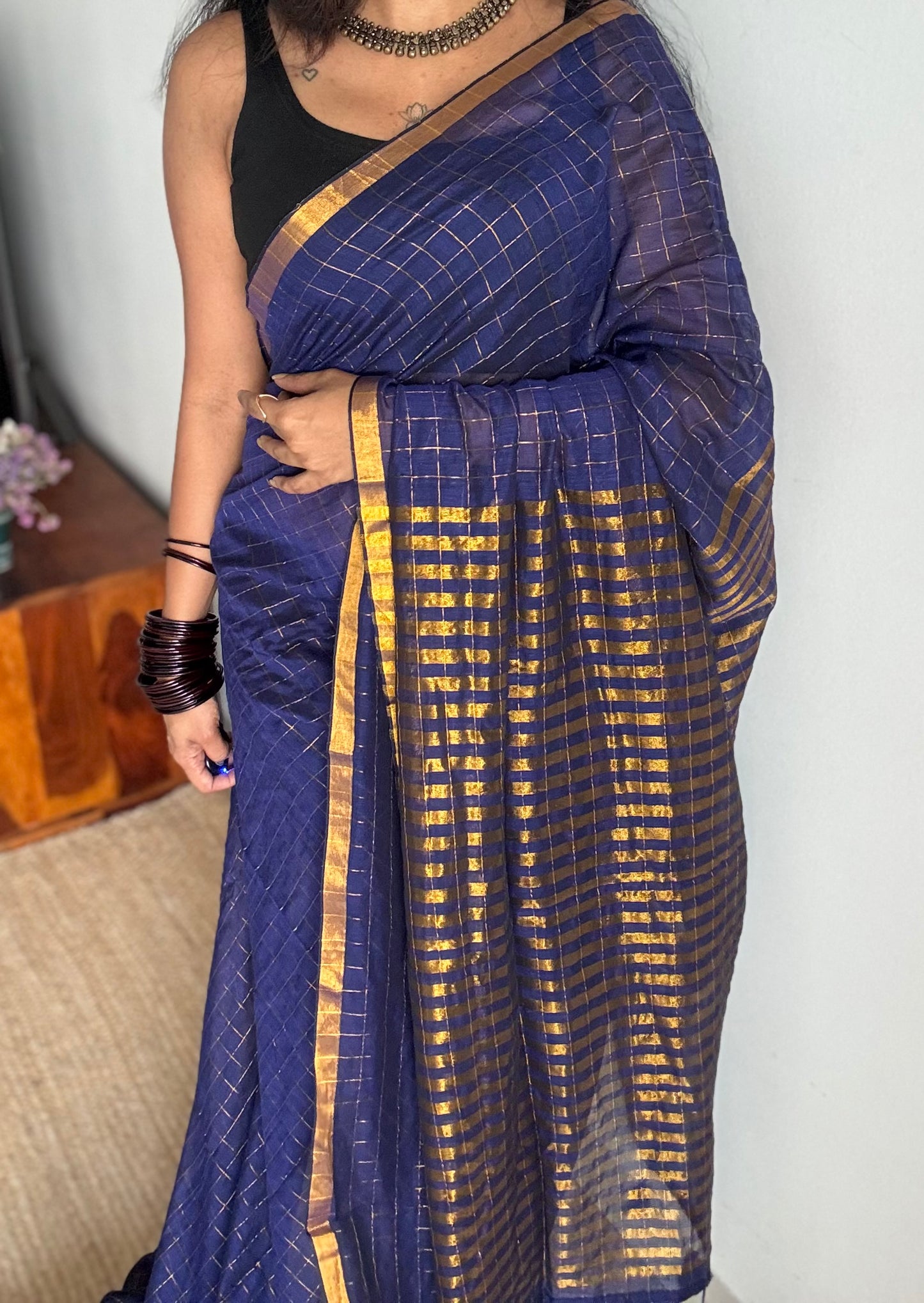 Dark blue mul with gold checks and zari border - YCBCMCJA04